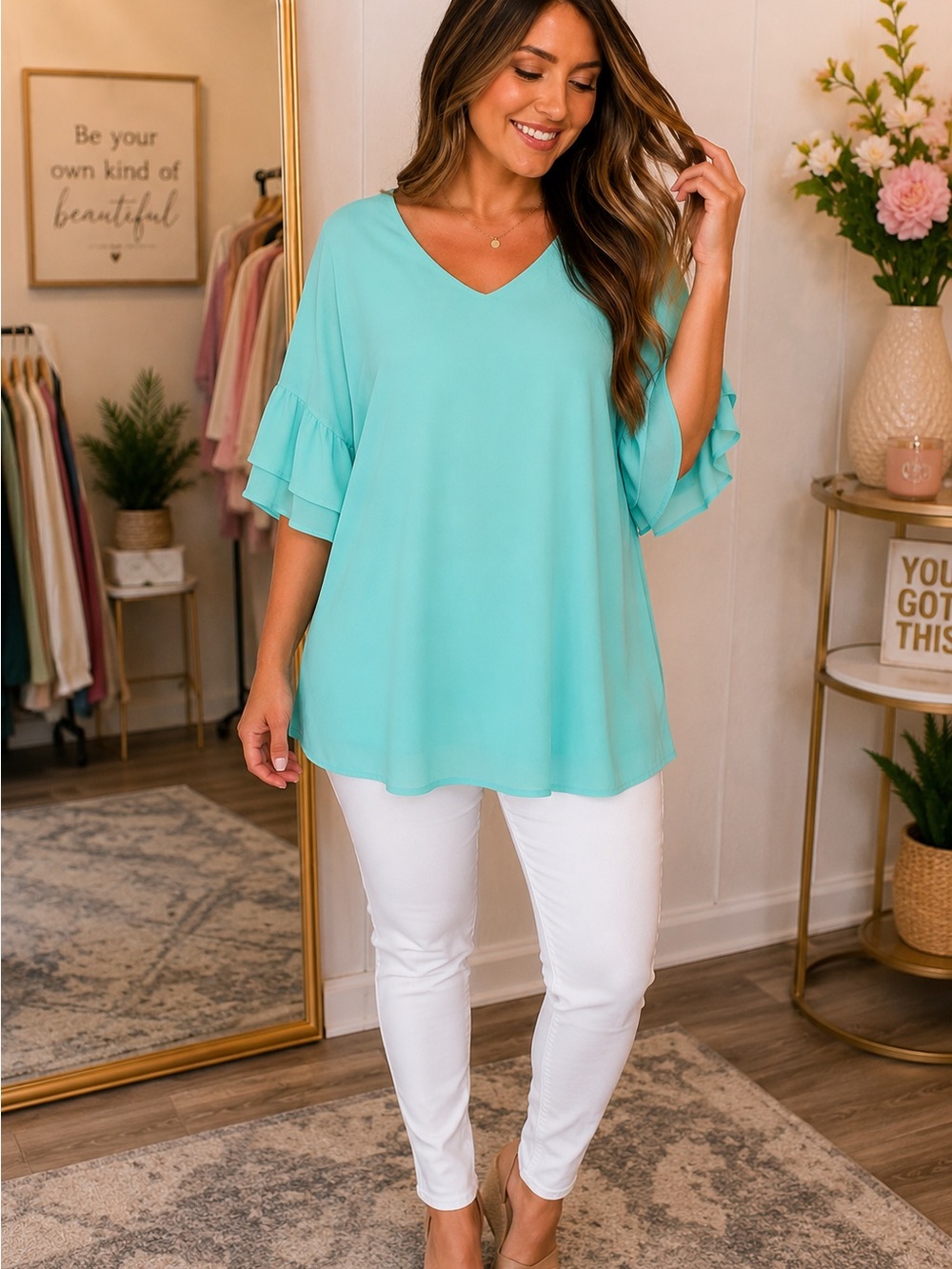Aqua V-Neck Ruffle Sleeve Blouse